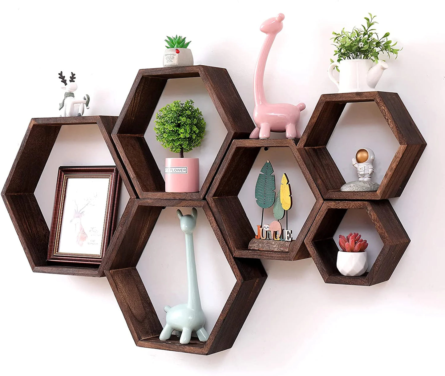 6-Tier Rustic Brown Hexagonal Floating Shelves - 100% Solid Paulownia Wood Storage Set (6 Pieces)