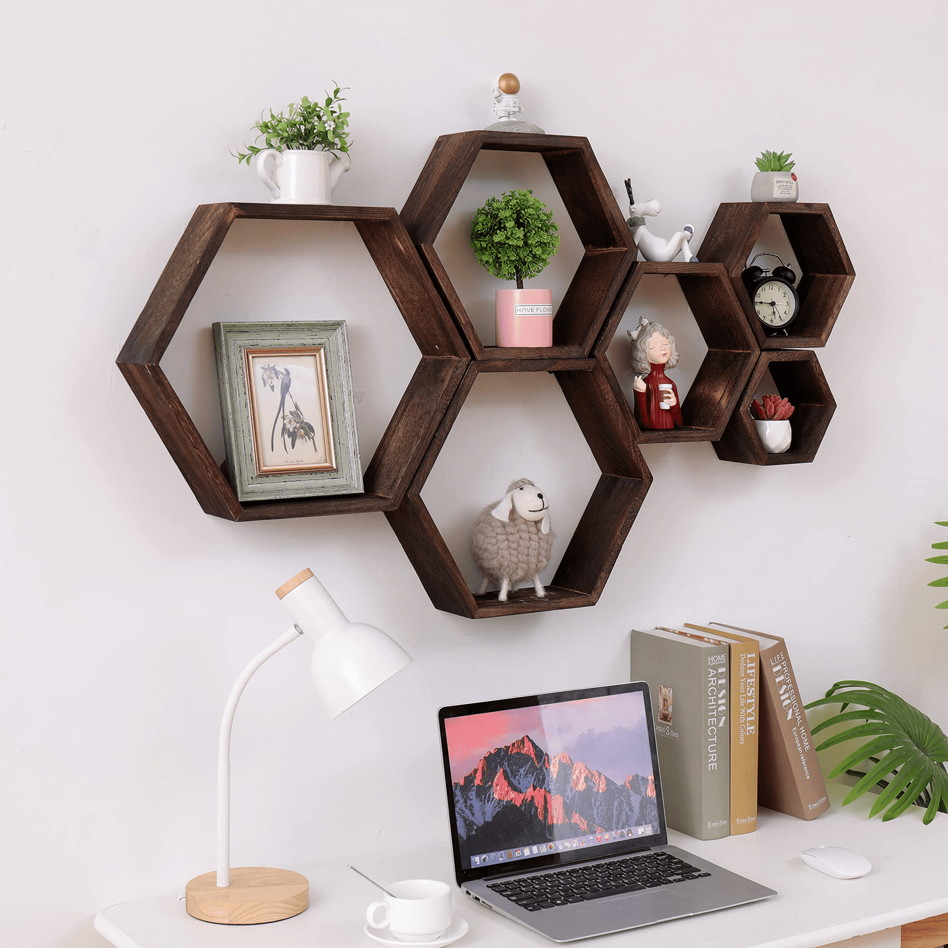 6-Tier Rustic Brown Hexagonal Floating Shelves - 100% Solid Paulownia Wood Storage Set (6 Pieces)