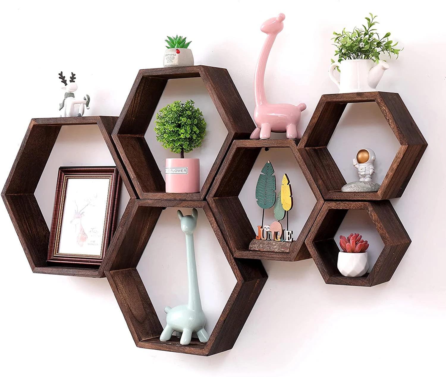 6-Tier Rustic Brown Hexagonal Floating Shelves - 100% Solid Paulownia Wood Storage Set (6 Pieces)